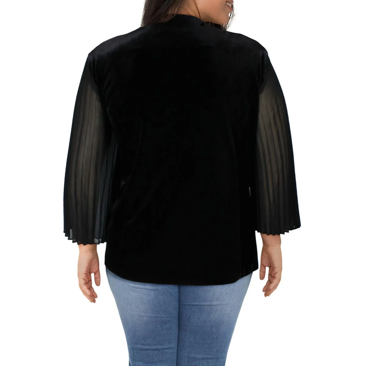 Alex Evenings Womens Plus Mixed Media Velvet Collarless Blazer
