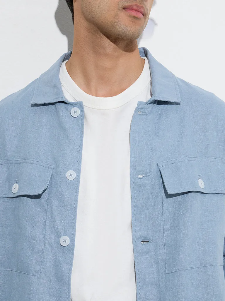 Ascot Dusty Blue Solid Relaxed-Fit Linen Jacket