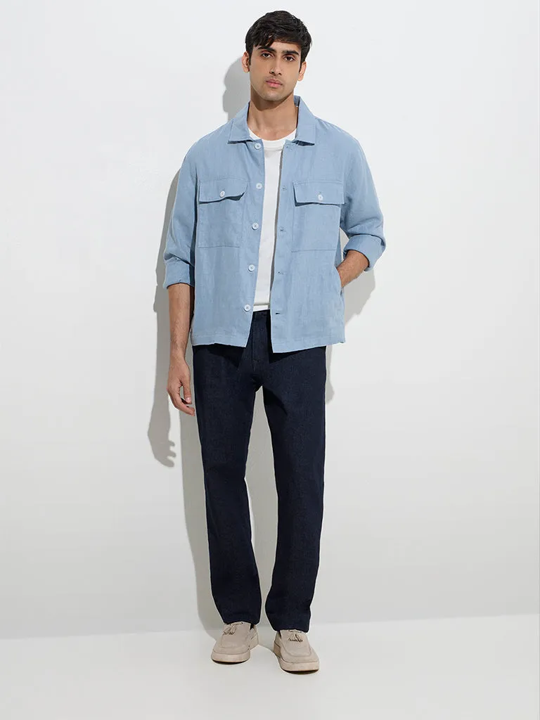 Ascot Dusty Blue Solid Relaxed-Fit Linen Jacket