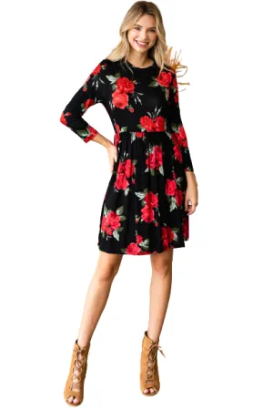 Black Floral 3/4 Sleeve Crew Neck Elastic Waist Dress - Pack of 6