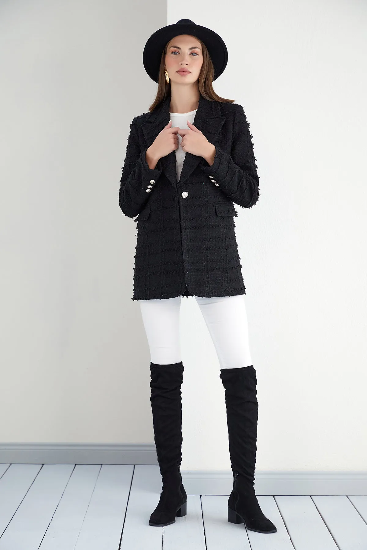 Black Textured Tweed Blazer with 1 Button
