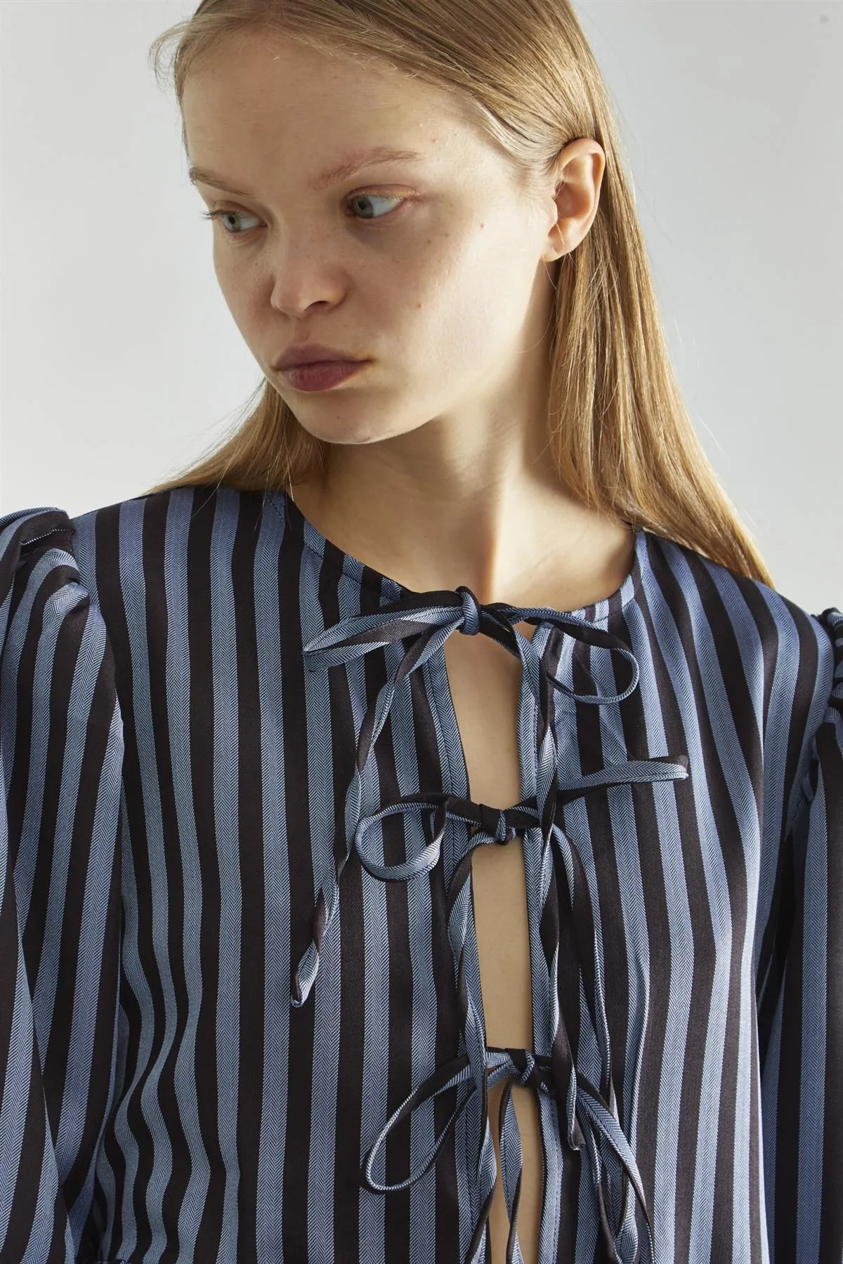 Blue-Black Stripe Tie-Front Top