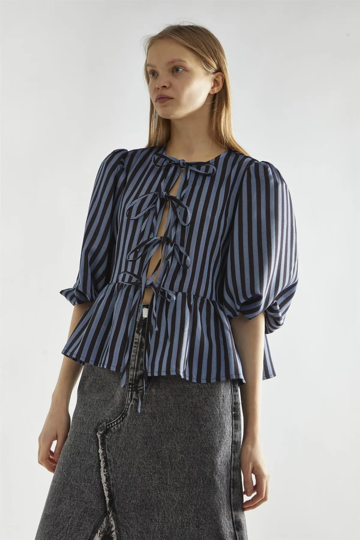 Blue-Black Stripe Tie-Front Top