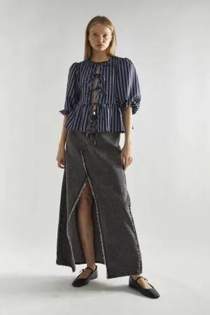 Blue-Black Stripe Tie-Front Top