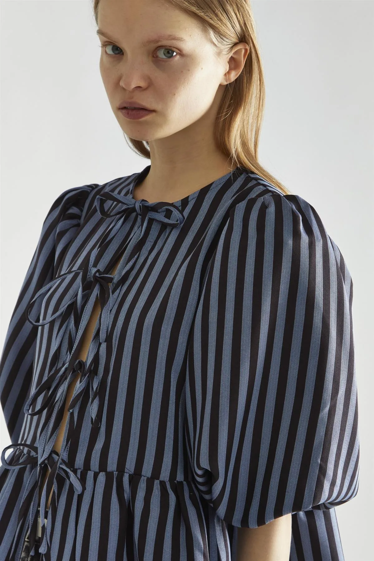Blue-Black Stripe Tie-Front Top