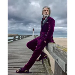 Bonsir Purple Velvet Slim Fit Men Suit Blazers Groomsmen Tuxedos Prom Casual Velour Mens Suit Wedding Groom Clothes(Jacket Pants)