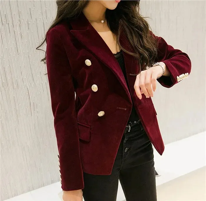 Brand New Fashion Spring Autumn Women Wine Black Slim Velvet Blazer Jacket Double Breasted Simple Lady Blazers OL Clothing