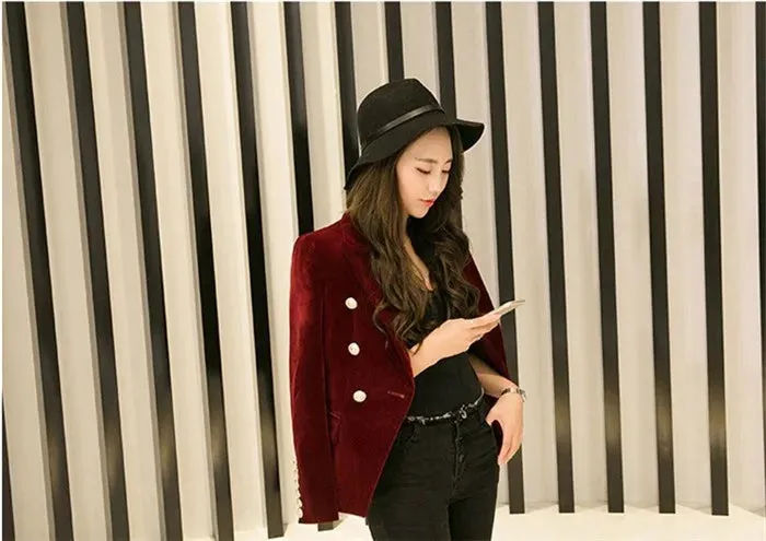 Brand New Fashion Spring Autumn Women Wine Black Slim Velvet Blazer Jacket Double Breasted Simple Lady Blazers OL Clothing