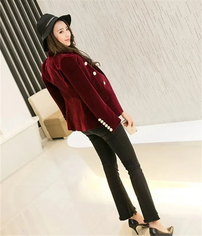 Brand New Fashion Spring Autumn Women Wine Black Slim Velvet Blazer Jacket Double Breasted Simple Lady Blazers OL Clothing