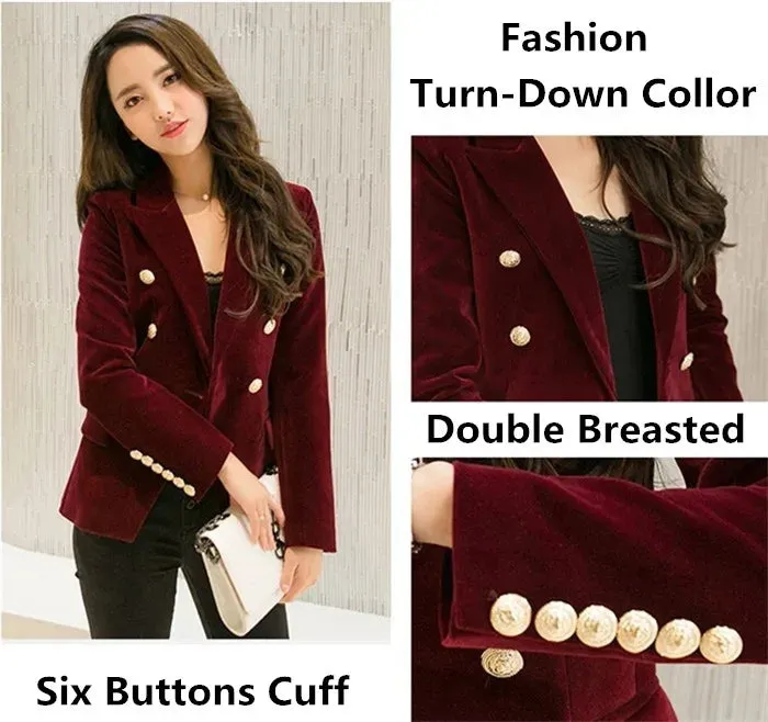 Brand New Fashion Spring Autumn Women Wine Black Slim Velvet Blazer Jacket Double Breasted Simple Lady Blazers OL Clothing
