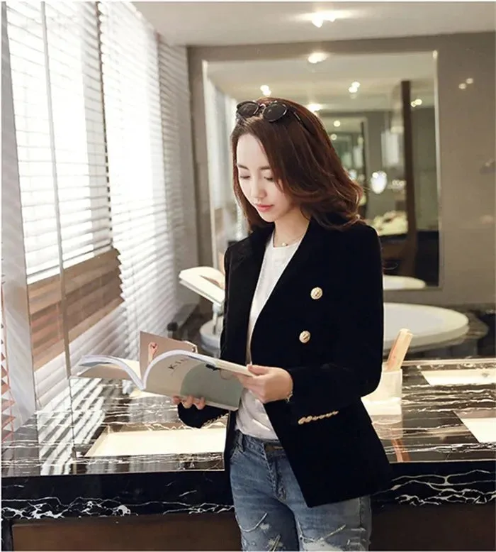 Brand New Fashion Spring Autumn Women Wine Black Slim Velvet Blazer Jacket Double Breasted Simple Lady Blazers OL Clothing