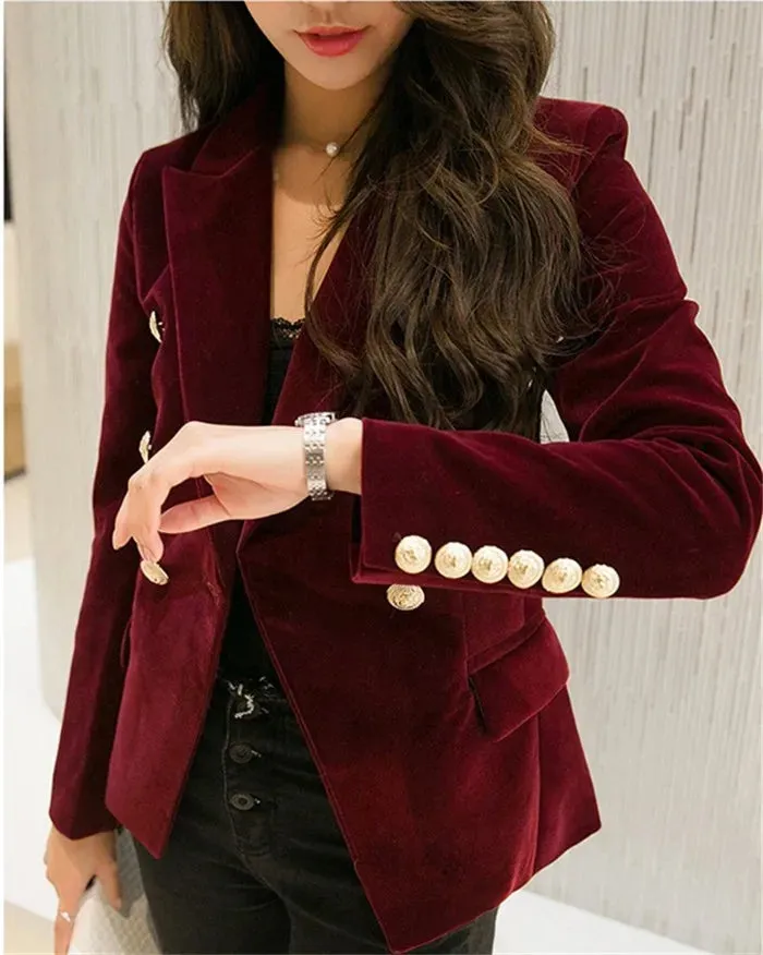 Brand New Fashion Spring Autumn Women Wine Black Slim Velvet Blazer Jacket Double Breasted Simple Lady Blazers OL Clothing
