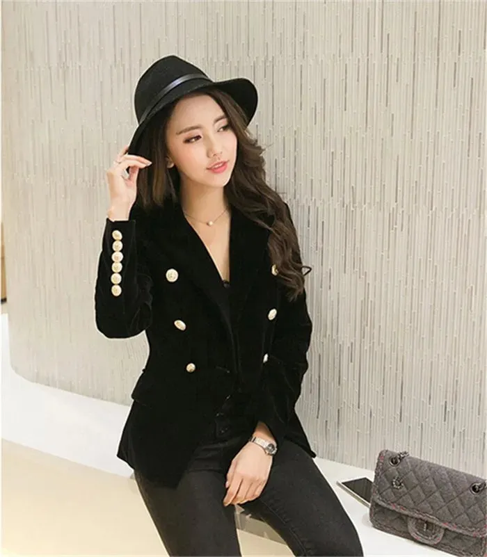 Brand New Fashion Spring Autumn Women Wine Black Slim Velvet Blazer Jacket Double Breasted Simple Lady Blazers OL Clothing