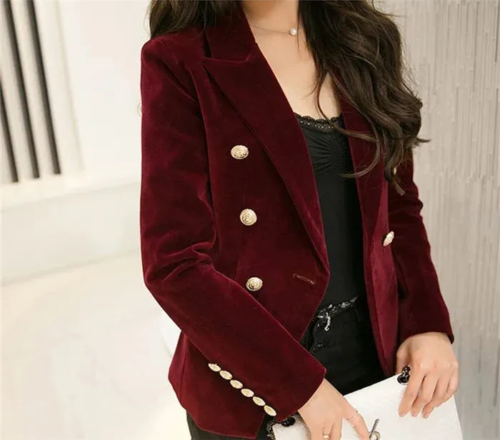 Brand New Fashion Spring Autumn Women Wine Black Slim Velvet Blazer Jacket Double Breasted Simple Lady Blazers OL Clothing