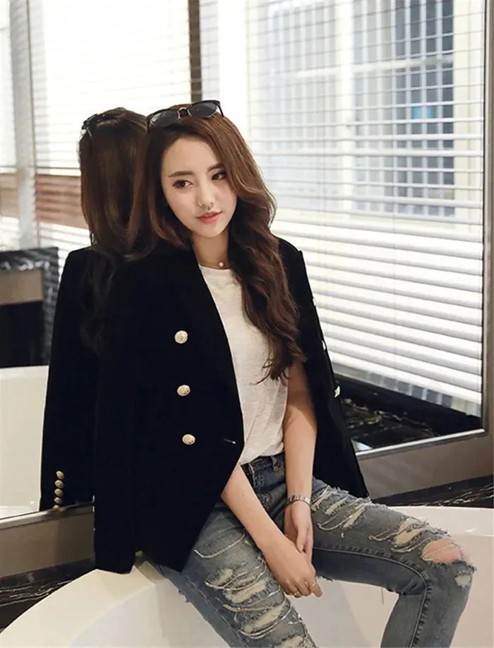 Brand New Fashion Spring Autumn Women Wine Black Slim Velvet Blazer Jacket Double Breasted Simple Lady Blazers OL Clothing