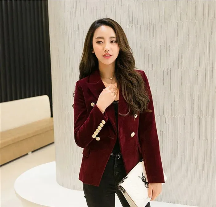 Brand New Fashion Spring Autumn Women Wine Black Slim Velvet Blazer Jacket Double Breasted Simple Lady Blazers OL Clothing