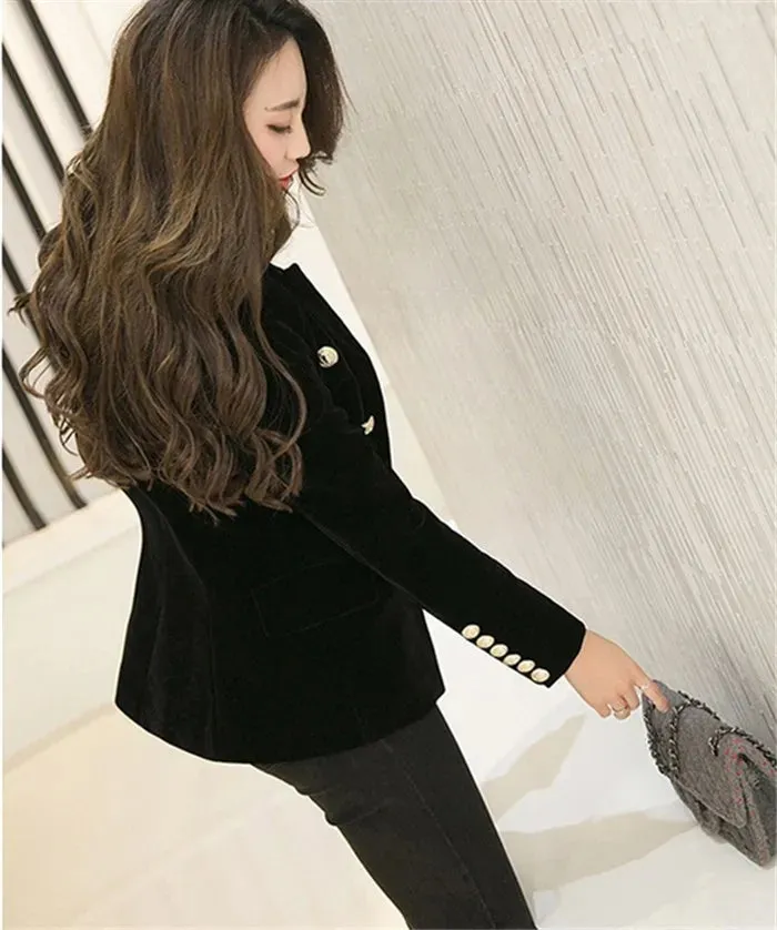 Brand New Fashion Spring Autumn Women Wine Black Slim Velvet Blazer Jacket Double Breasted Simple Lady Blazers OL Clothing