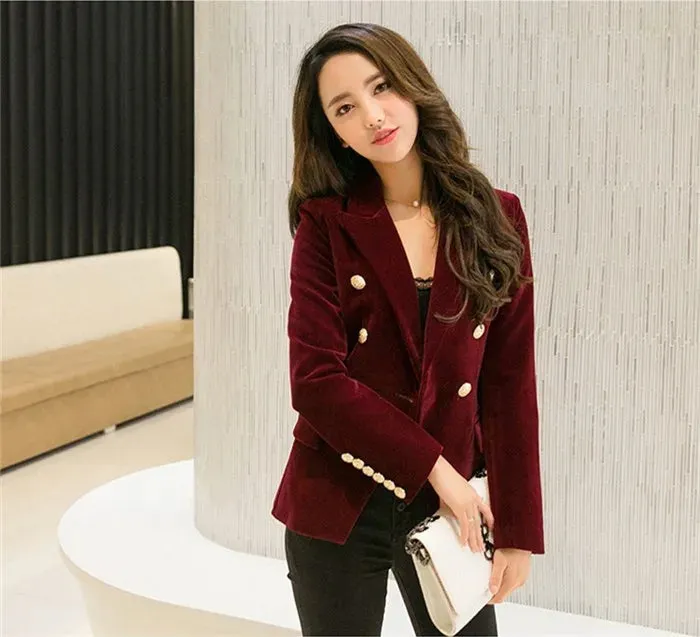 Brand New Fashion Spring Autumn Women Wine Black Slim Velvet Blazer Jacket Double Breasted Simple Lady Blazers OL Clothing