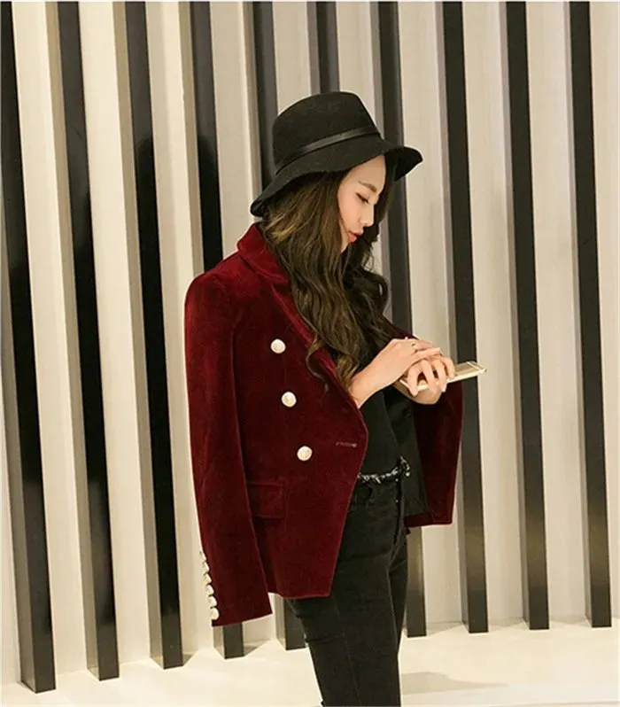 Brand New Fashion Spring Autumn Women Wine Black Slim Velvet Blazer Jacket Double Breasted Simple Lady Blazers OL Clothing