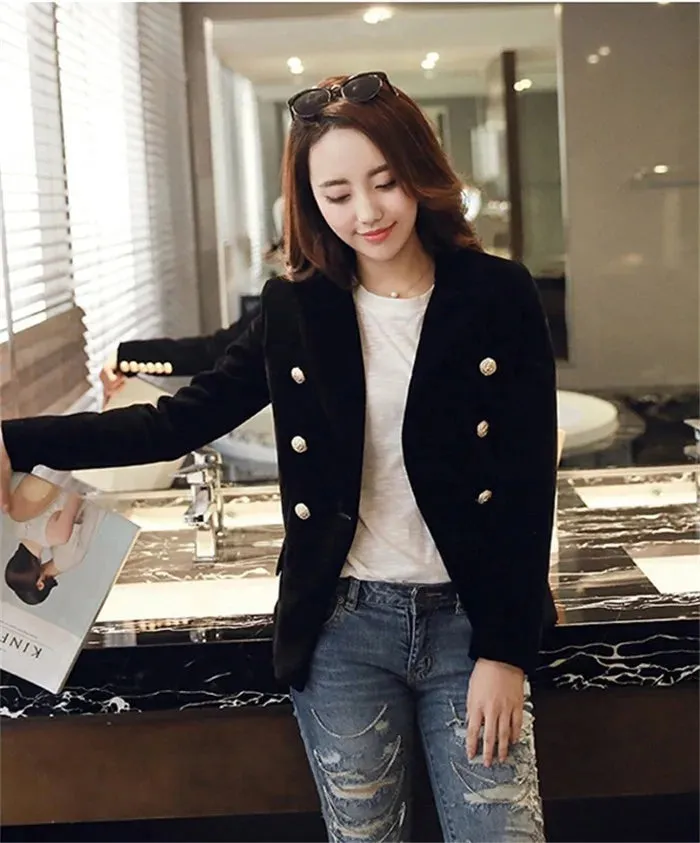 Brand New Fashion Spring Autumn Women Wine Black Slim Velvet Blazer Jacket Double Breasted Simple Lady Blazers OL Clothing