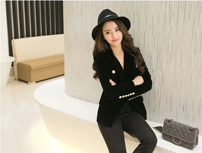 Brand New Fashion Spring Autumn Women Wine Black Slim Velvet Blazer Jacket Double Breasted Simple Lady Blazers OL Clothing