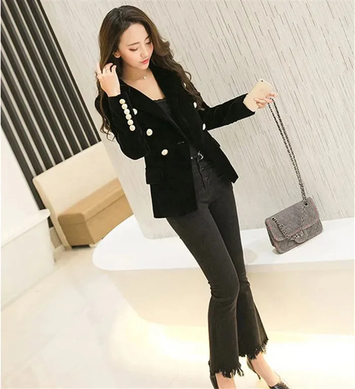 Brand New Fashion Spring Autumn Women Wine Black Slim Velvet Blazer Jacket Double Breasted Simple Lady Blazers OL Clothing