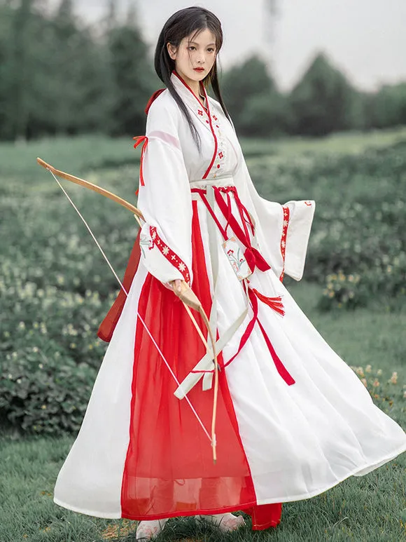 Chinese Style Lolita Dress 2-Piece Set Red White Long Sleeves Floral Printed Polyester Long Lolita Dress Outfit