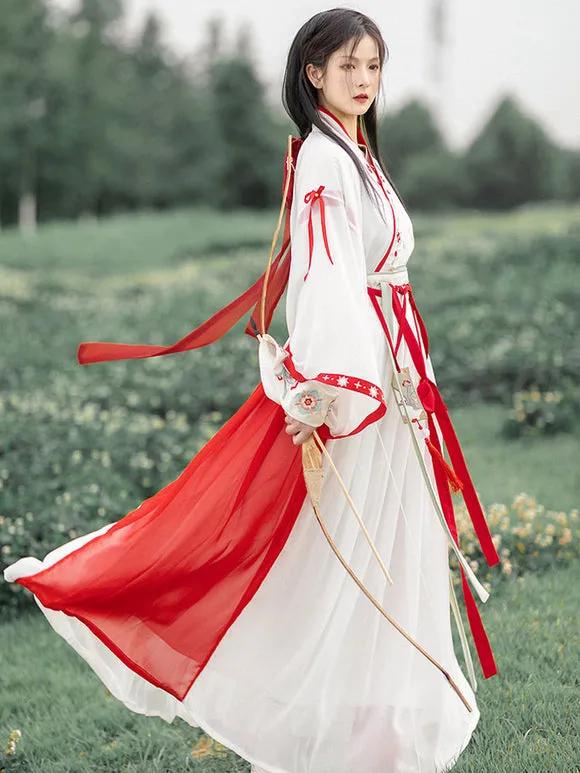 Chinese Style Lolita Dress 2-Piece Set Red White Long Sleeves Floral Printed Polyester Long Lolita Dress Outfit