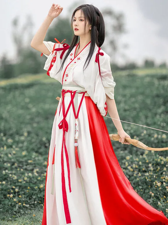 Chinese Style Lolita Dress 2-Piece Set Red White Long Sleeves Floral Printed Polyester Long Lolita Dress Outfit