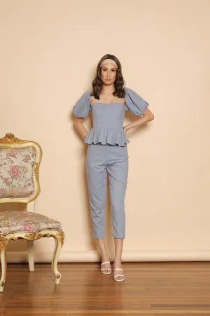 CLARA PANTS SET Peplum Puff Sleeve Blouse (Serenity Blue Linen)
