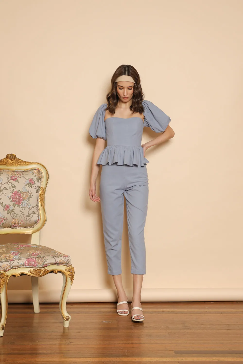 CLARA PANTS SET Peplum Puff Sleeve Blouse (Serenity Blue Linen)
