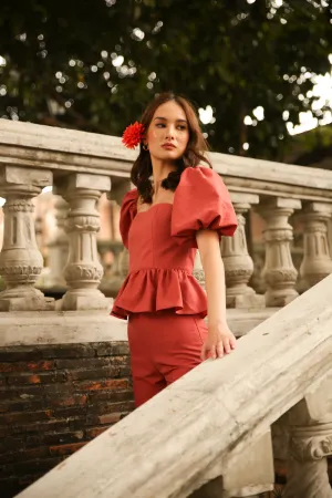 CLARA TOP Peplum Puff Sleeve Blouse (Rust Linen)