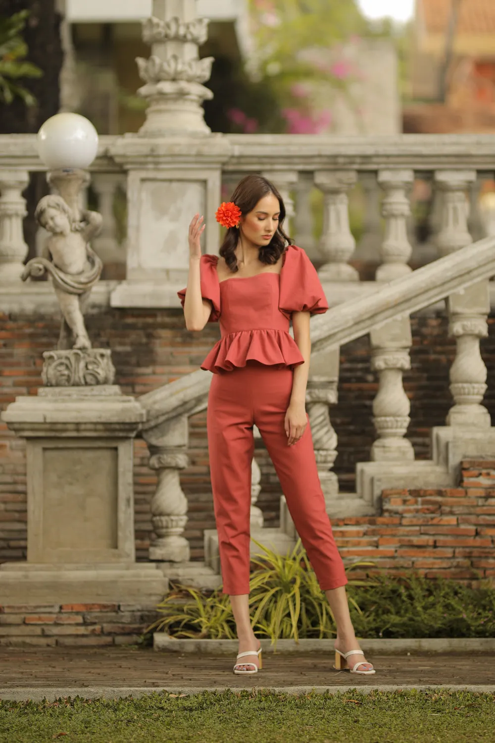CLARA TOP Peplum Puff Sleeve Blouse (Rust Linen)