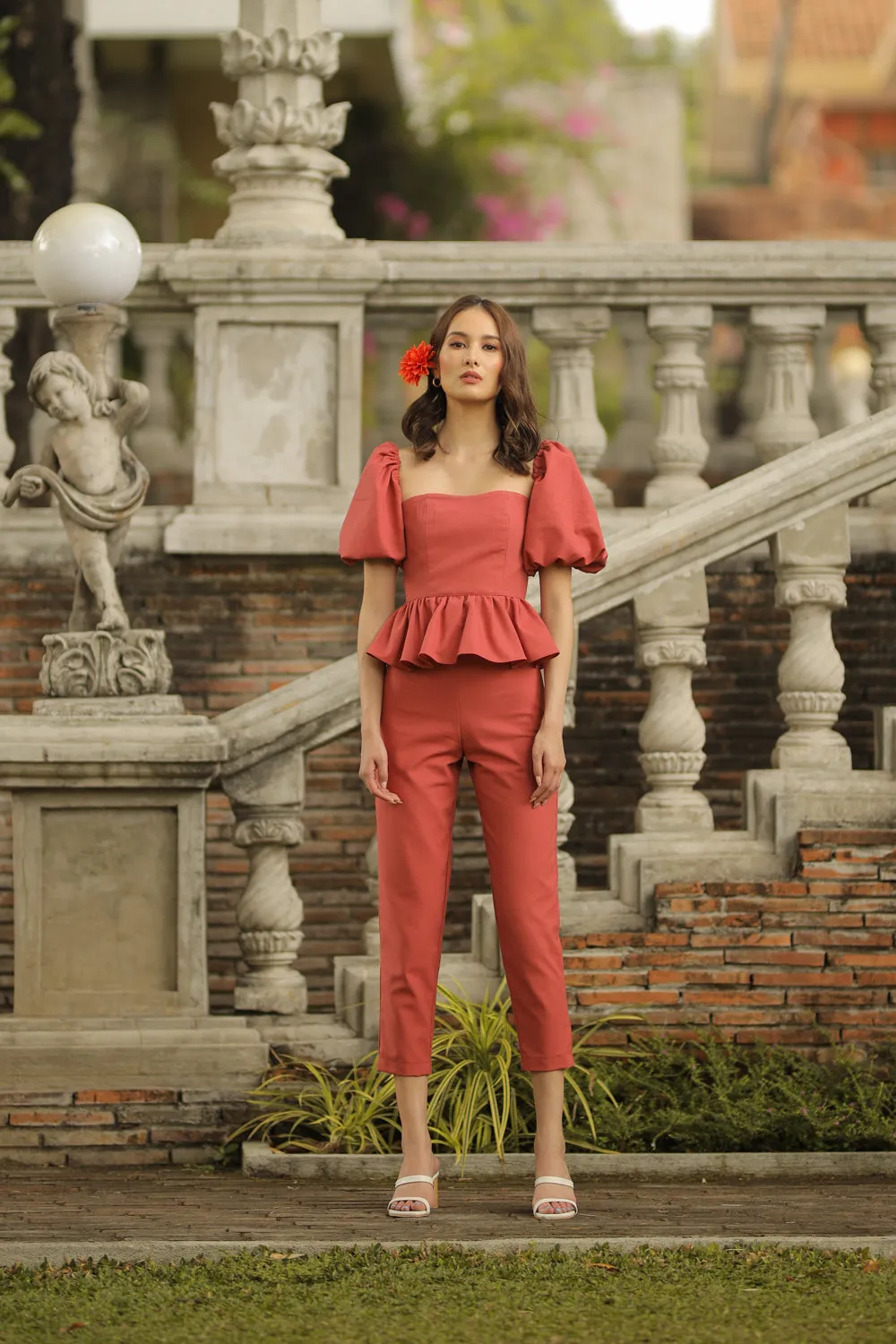 CLARA TOP Peplum Puff Sleeve Blouse (Rust Linen)