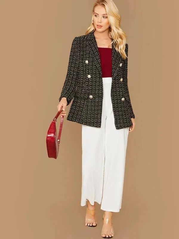 CM-CS015911 Women Elegant European Style Notched Collar Double Breasted Tweed Blazer - Black