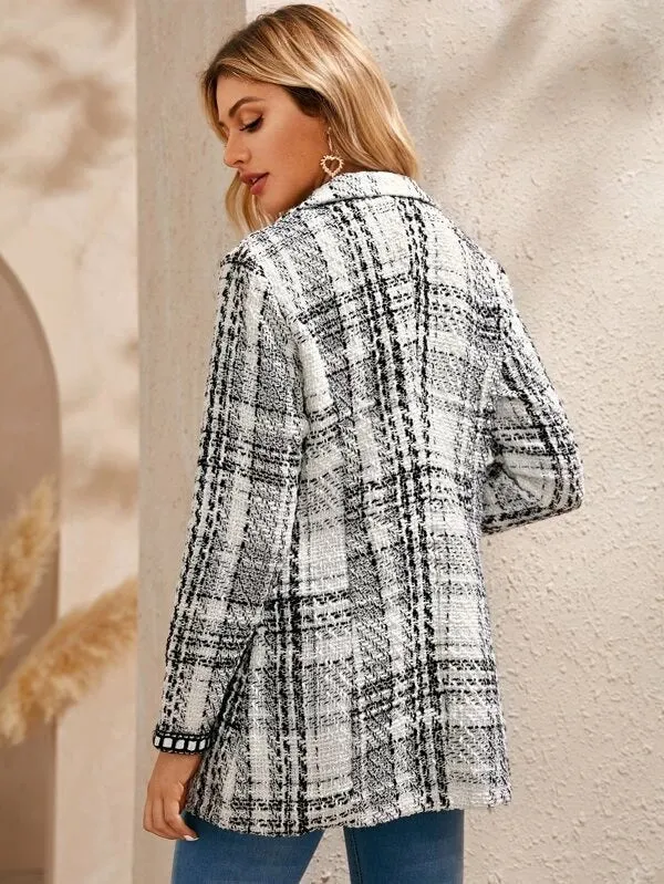 CM-CS016383 Women Elegant Seoul Style Long Sleeve Plaid Print Shawl Collar Tweed Blazer - White