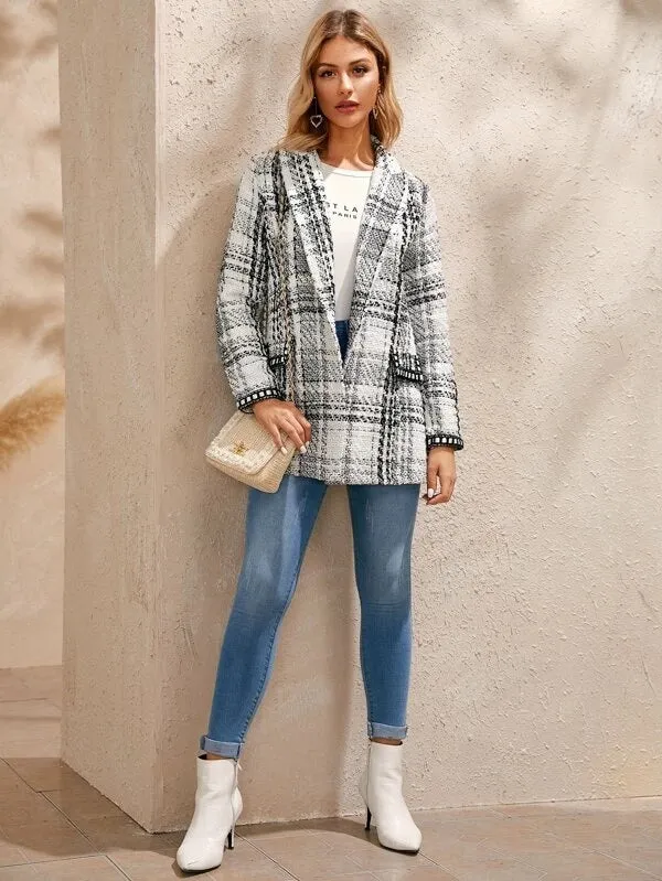 CM-CS016383 Women Elegant Seoul Style Long Sleeve Plaid Print Shawl Collar Tweed Blazer - White