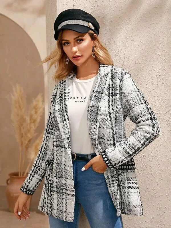CM-CS016383 Women Elegant Seoul Style Long Sleeve Plaid Print Shawl Collar Tweed Blazer - White