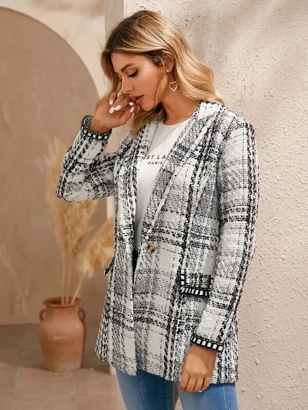 CM-CS016383 Women Elegant Seoul Style Long Sleeve Plaid Print Shawl Collar Tweed Blazer - White