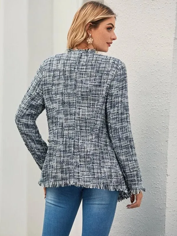 CM-CS017137 Women Elegant Seoul Style Long Sleeve Buttoned Raw Trim Tweed Blazer - Blue