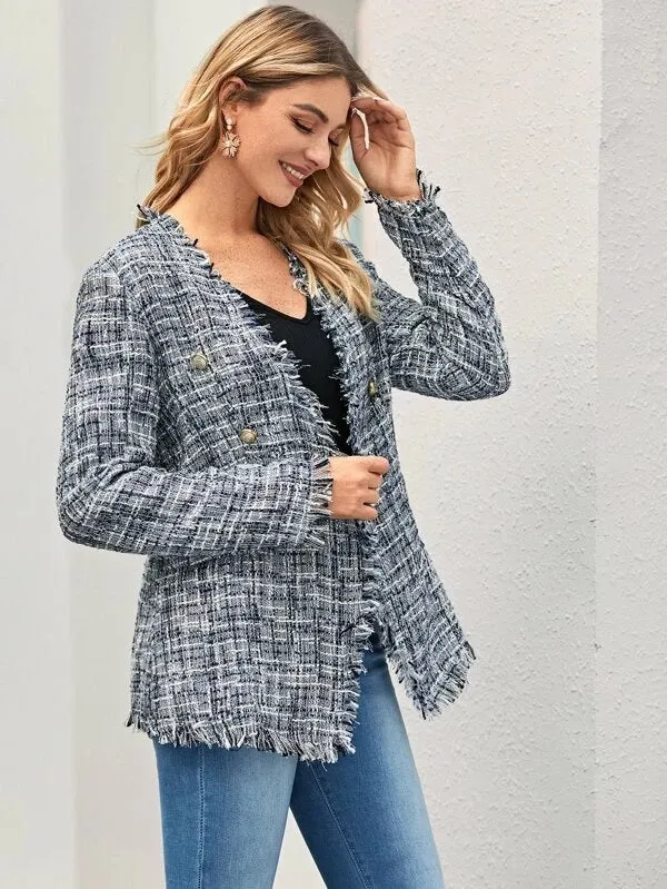 CM-CS017137 Women Elegant Seoul Style Long Sleeve Buttoned Raw Trim Tweed Blazer - Blue