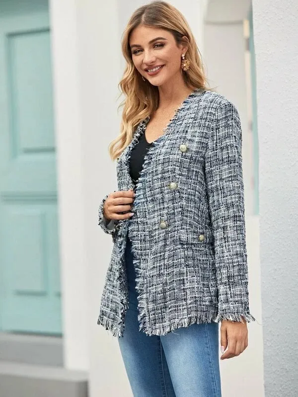CM-CS017137 Women Elegant Seoul Style Long Sleeve Buttoned Raw Trim Tweed Blazer - Blue