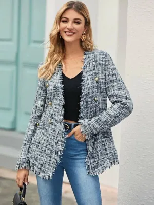 CM-CS017137 Women Elegant Seoul Style Long Sleeve Buttoned Raw Trim Tweed Blazer - Blue