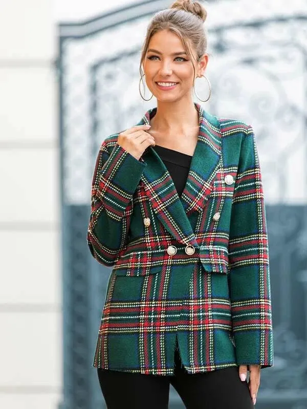 CM-CS022544 Women Elegant European Style Long Sleeve Tweed Shawl Collar Tartan Blazer - Green