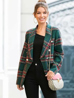 CM-CS022544 Women Elegant European Style Long Sleeve Tweed Shawl Collar Tartan Blazer - Green