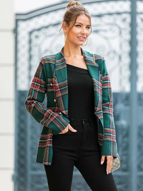 CM-CS022544 Women Elegant European Style Long Sleeve Tweed Shawl Collar Tartan Blazer - Green