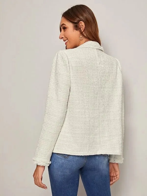 CM-CS107833 Women Elegant Seoul Style Notched Collar Raw Edge Pearl Button Tweed Blazer - White