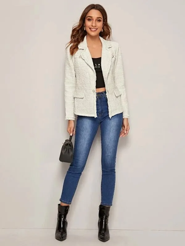 CM-CS107833 Women Elegant Seoul Style Notched Collar Raw Edge Pearl Button Tweed Blazer - White