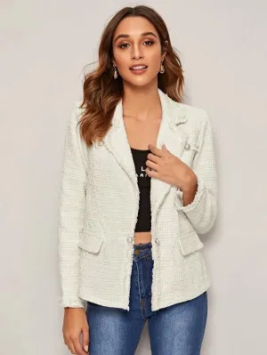 CM-CS107833 Women Elegant Seoul Style Notched Collar Raw Edge Pearl Button Tweed Blazer - White