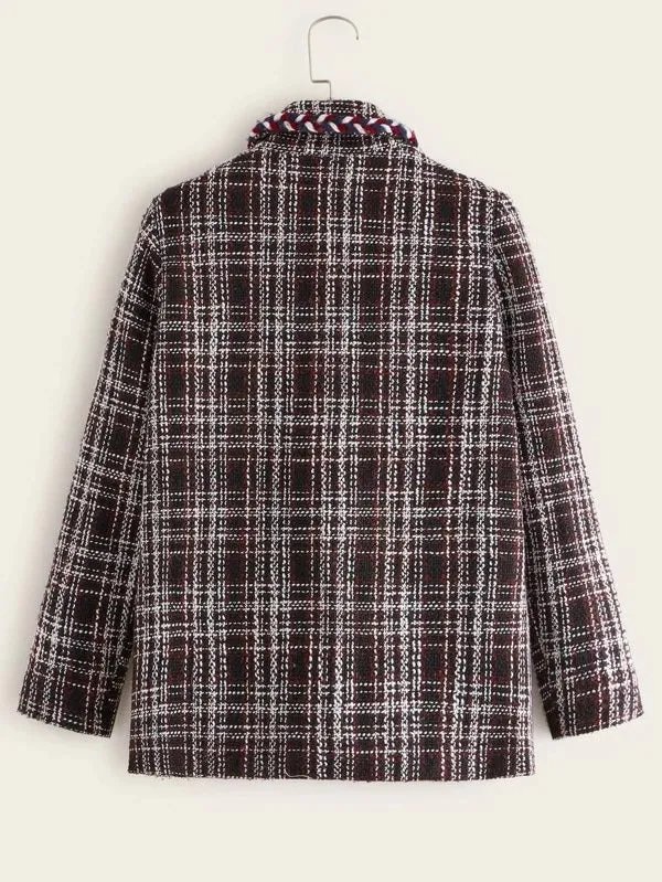 CM-CS115673 Women Elegant European Style Long Sleeve Braided Tape Trim Pocket Front Tweed Blazer